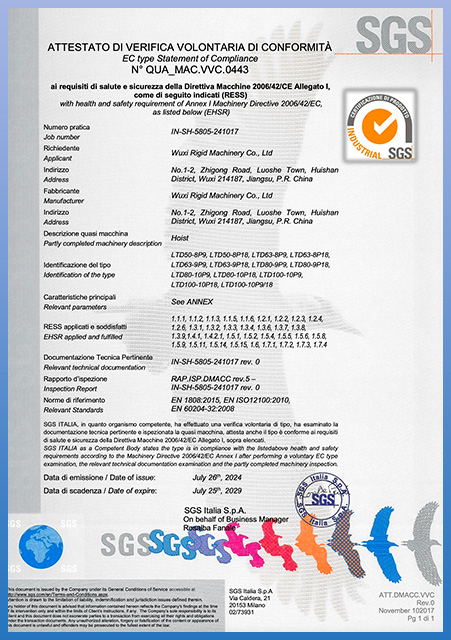 Compliance certificate for wire rope climber and vertical access equipment